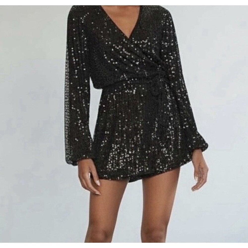 Free People Christa Sequin Long Sleeve Wrap Romper Black Size Lg Party Holiday